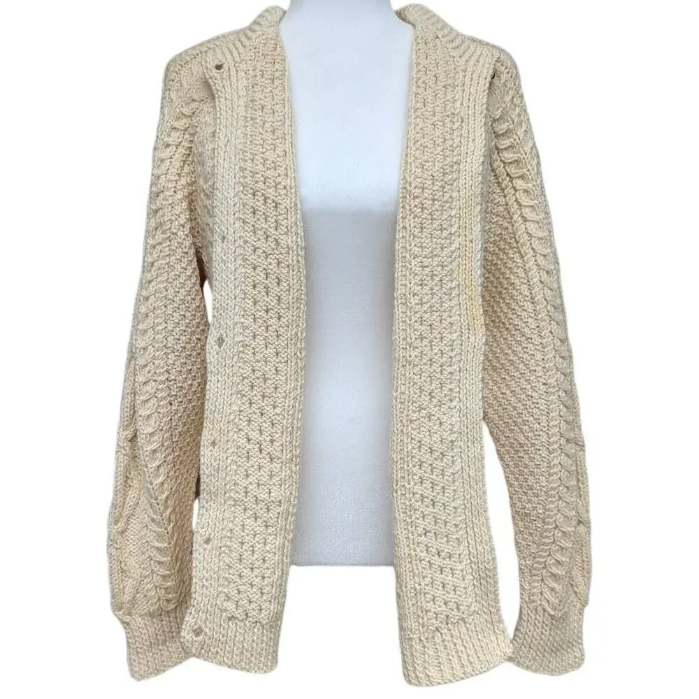Fisherman Sweater Cardigan Off White Cream Heavy Cable Wood Buttons Unbranded - Picture 10 of 10